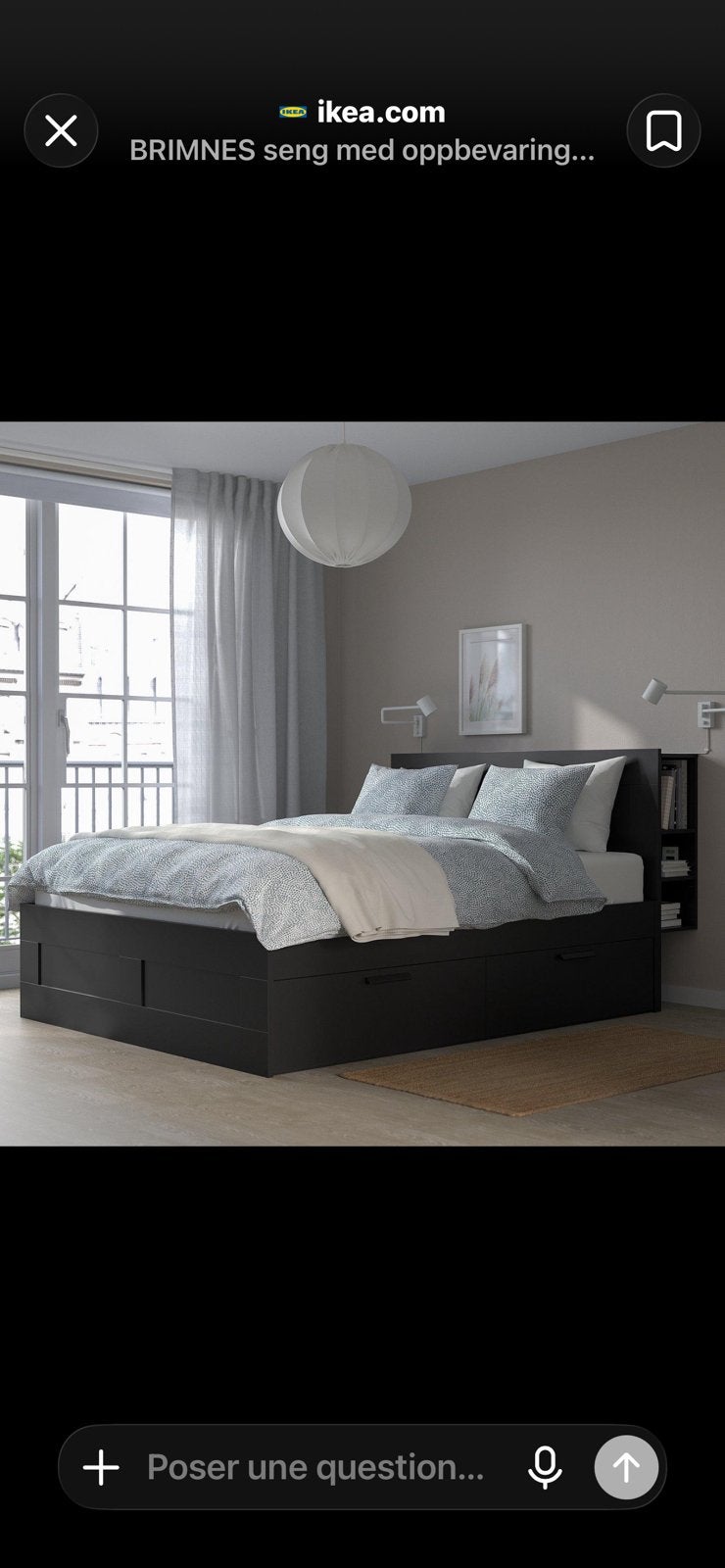 Lit IKEA BRIMNES noir 180/200. Ensemble complet comme neuf, Maison & Meubles, Comme neuf, Enlèvement, 180 cm, 200 cm