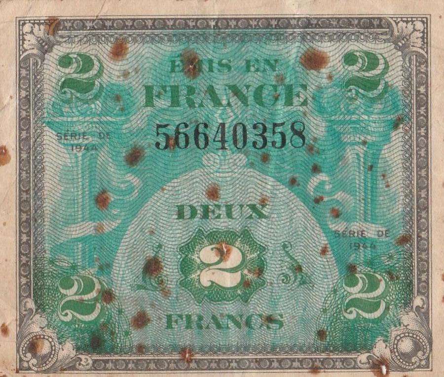 2 Franse frank geallieerde militaire 1944, Ophalen of Verzenden, Frankrijk, Los biljet