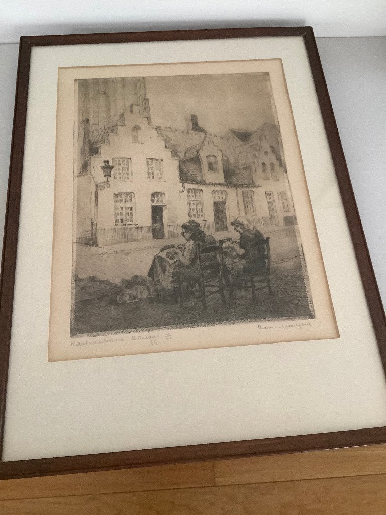 Romein Malfliet ets : kantwerkers Brugge, Antiek en Kunst, Kunst | Etsen en Gravures, Ophalen, Dagelijks leven, Origineel, 38 cm