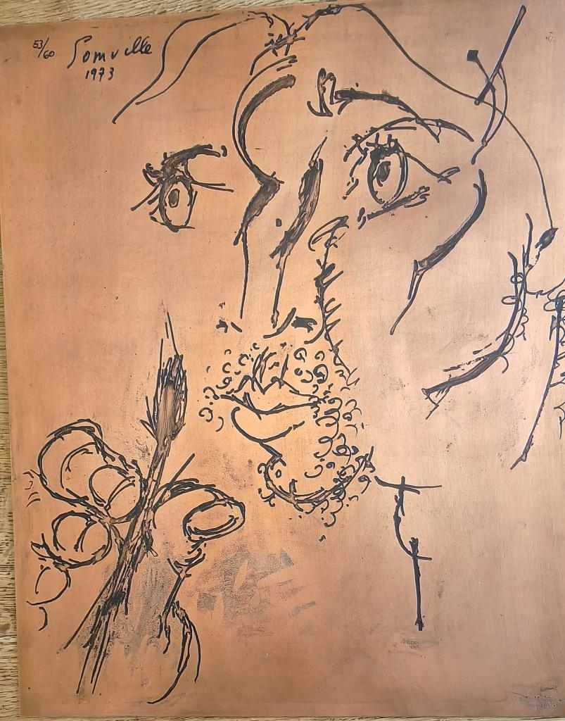 Le peintre, portrait, Roger Somville, 1973, plaque de cuivre, Enlèvement