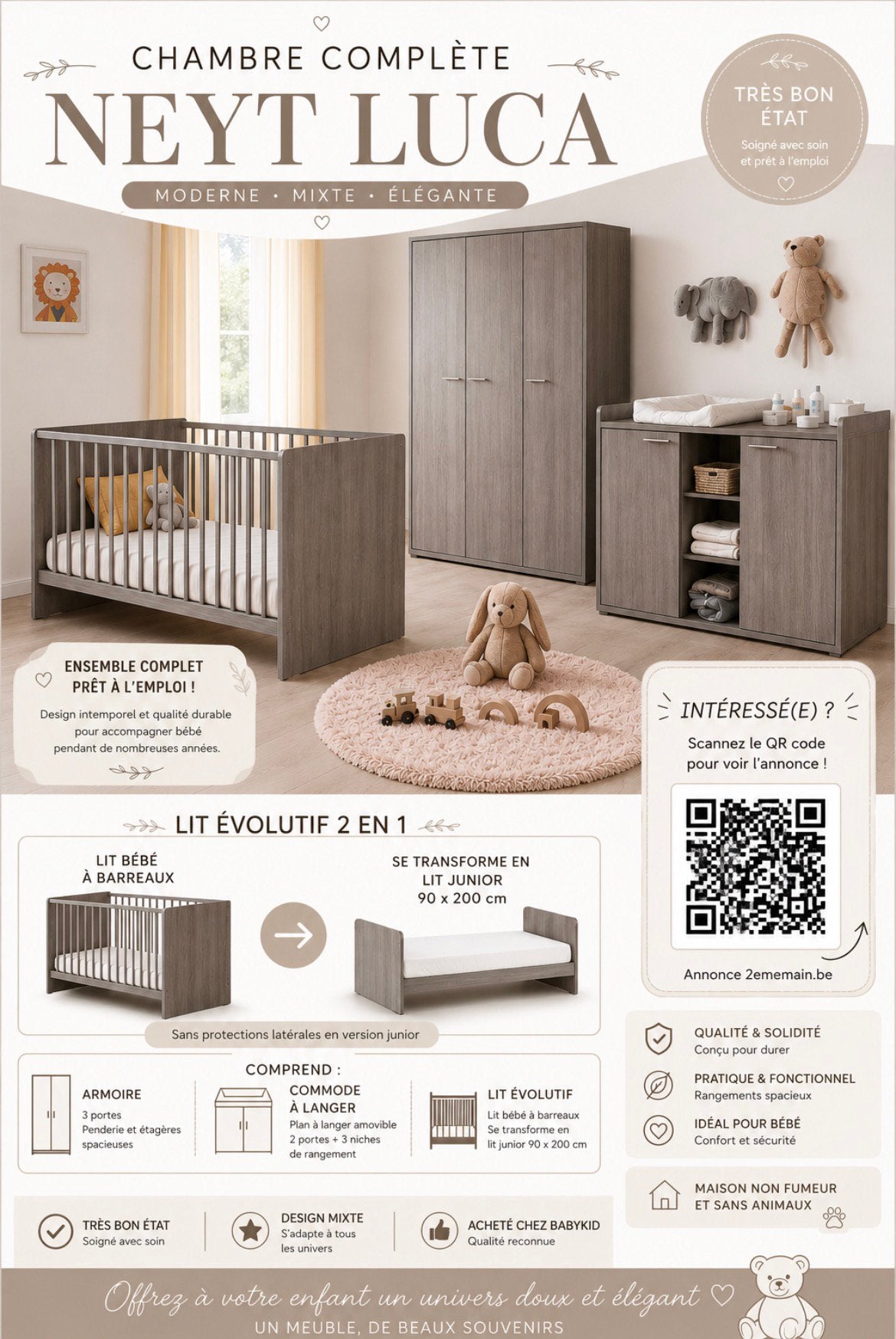 Chambre bébé évolutive de la marque Neyt, modèle Luca, Enlèvement, Comme neuf, Garçon ou Fille