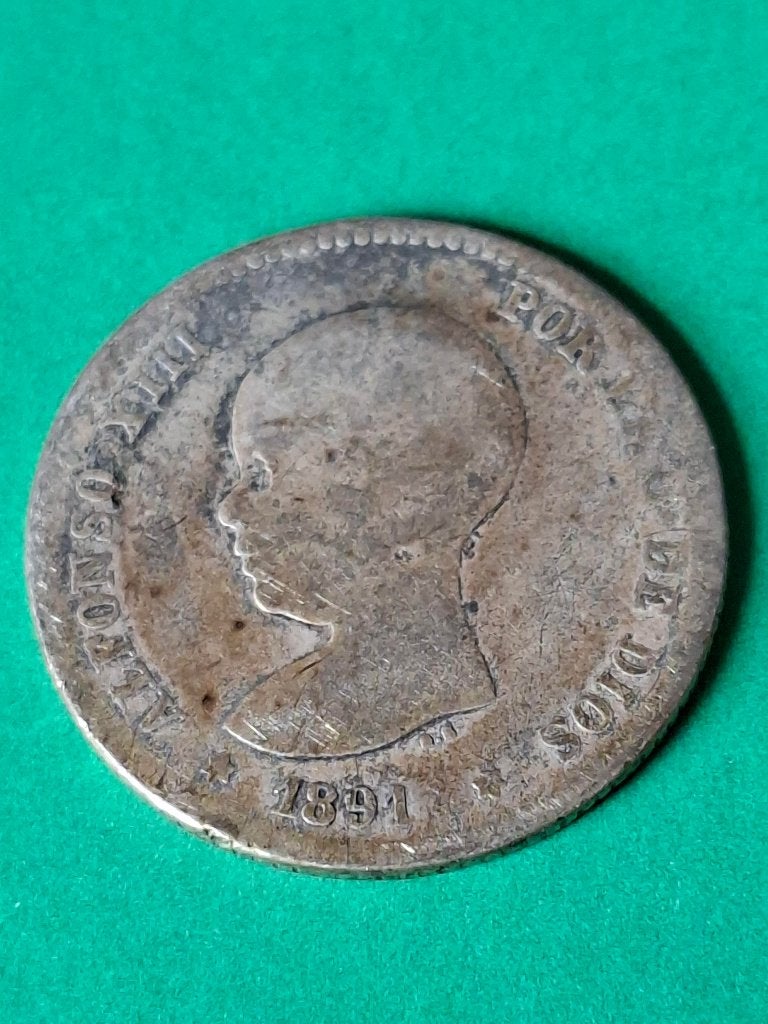 1891 Spanje 1 peseta in zilver Alfonso XIII, Postzegels en Munten, Verzenden, Overige landen, Losse munt, Zilver