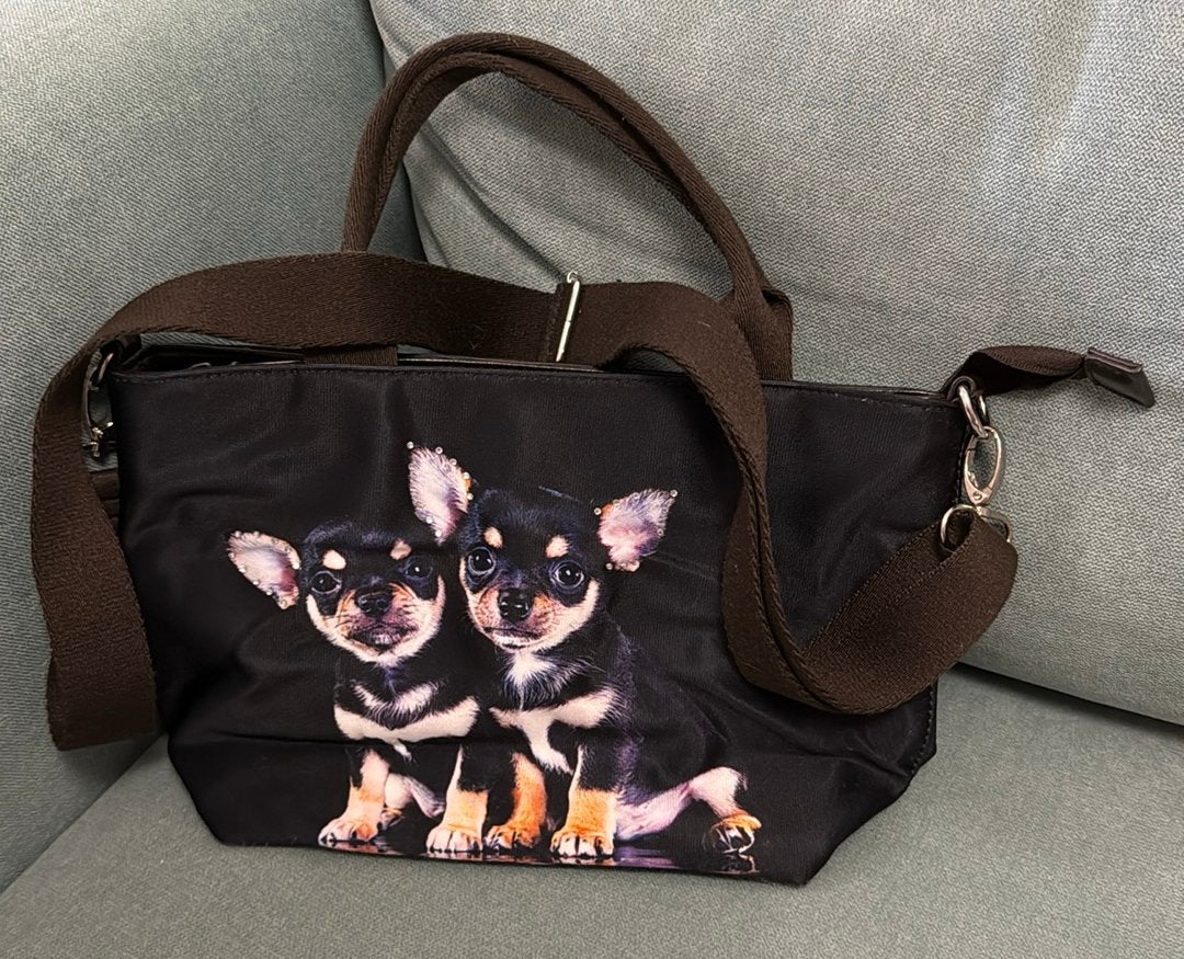 Handtas met chihuahua’s, Ophalen of Verzenden, Zo goed als nieuw, Zwart, Handtas
