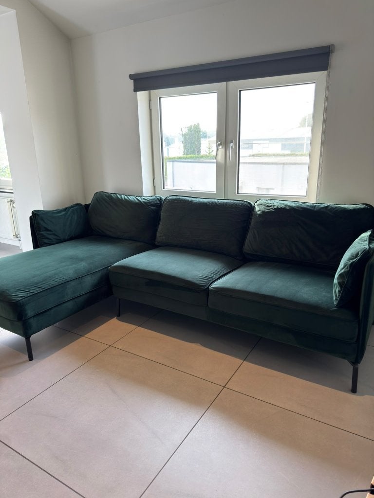 3,5-zits industriële hoekbank velvet groen, Huis en Inrichting, Ophalen, 250 tot 300 cm, Gebruikt, Industrieel, modern