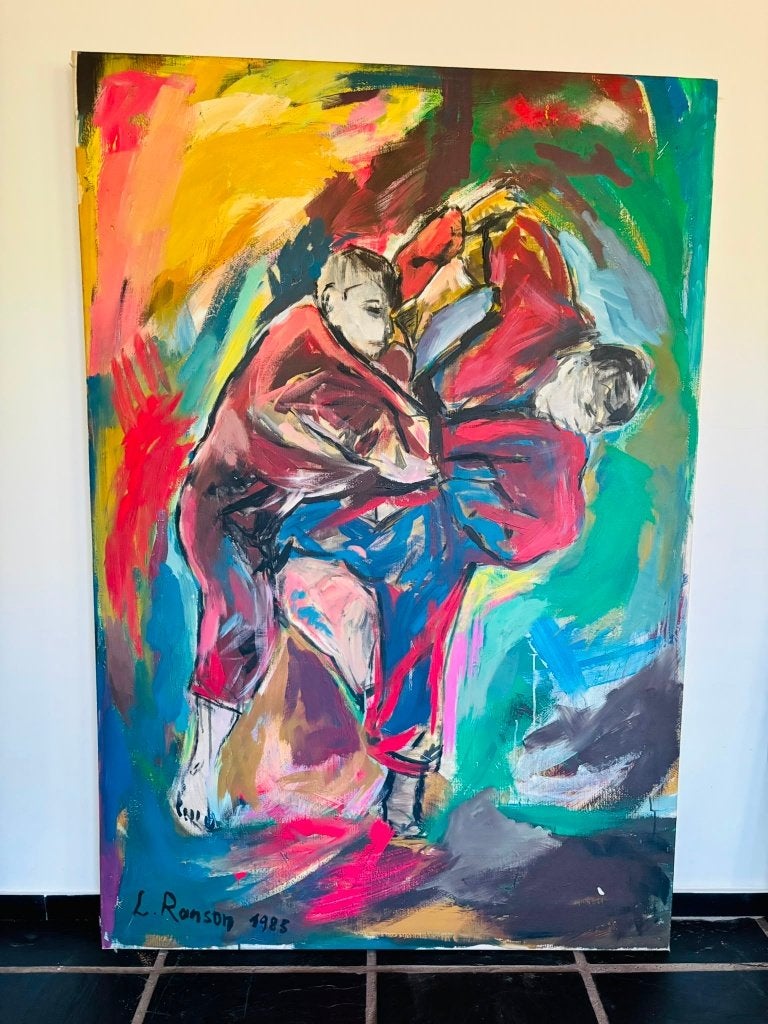 Origineel schilderij Luc Ranson – 1985 – 115  169 cm, Antiquités & Art, Art | Peinture | Moderne, Textile, Figures, Peinture acrylique