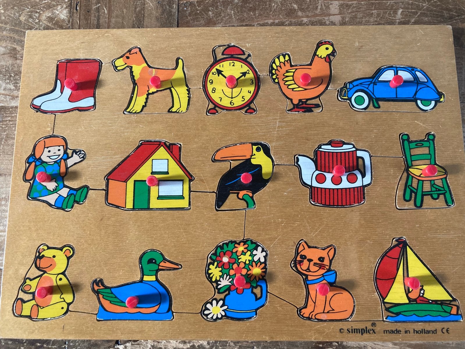 Vintage Houten legpuzzel simplex dieren en speeltuin, Ophalen, 10 tot 50 stukjes, Zo goed als nieuw, Van hout
