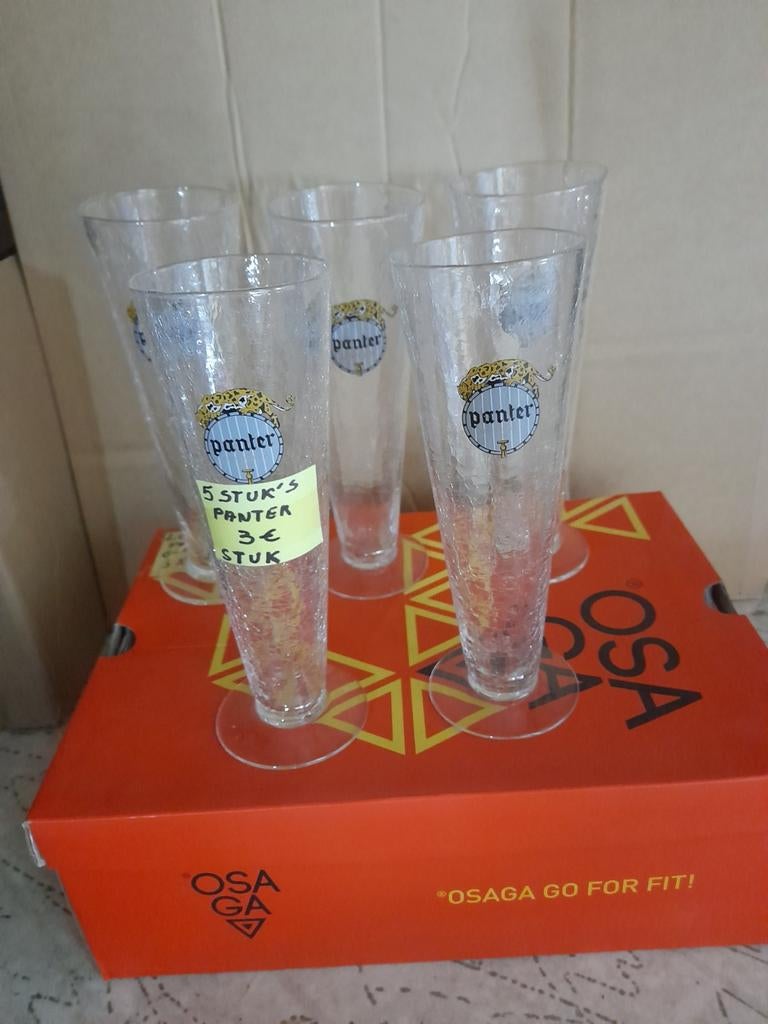 Glazen 5 stuk van collega van mijn werk Panter, Verzamelen, Glas en Drinkglazen, Gebruikt, Bierglas, Ophalen