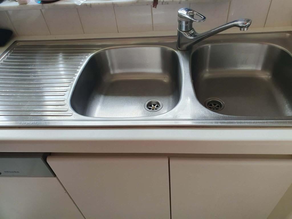 Dubbele spoelbak met verlek inox met mengkraan Grohe, Ophalen, Zo goed als nieuw, Grohe