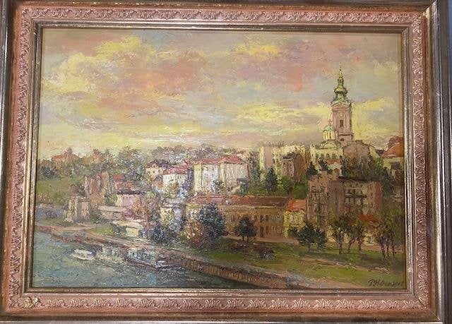 Sfeervol Olieverfschilderij Belgrado – P.H. Obradović (2005), Antiek en Kunst, Ophalen, Bijzondere lijst, Doek, Impressionistisch