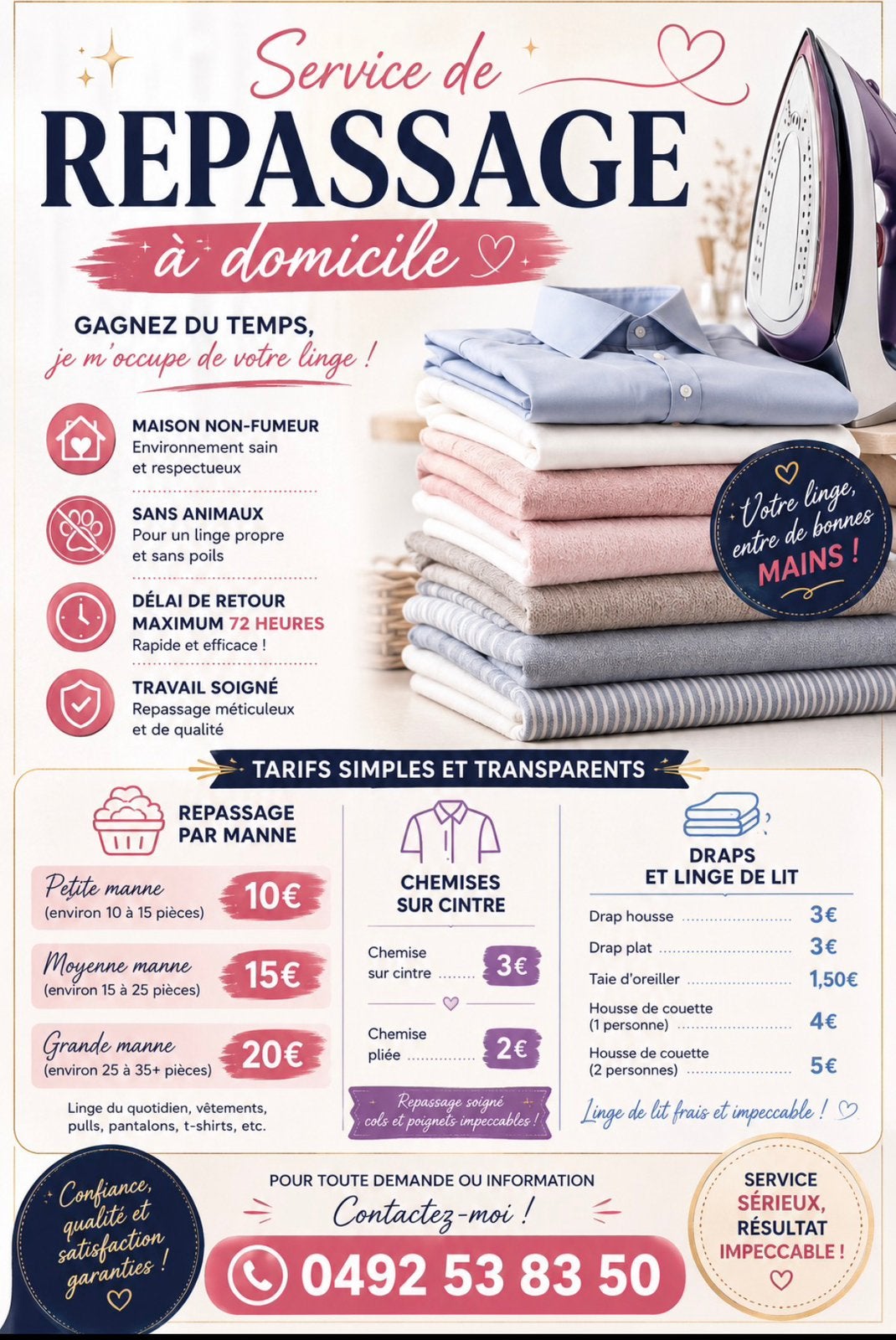 Repassage à domicile, Offres d'emploi, Emplois | Travail à domicile, À partir de 3 ans, Autres formes, Convient comme travail d'appoint