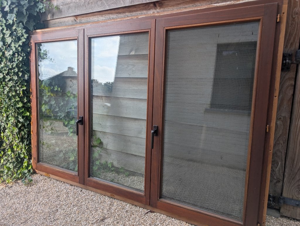 Meranti raam dubbel glas 216 x 143, Doe-het-zelf en Bouw, Ophalen, Gevelraam of Ruit, Gebruikt, 120 tot 160 cm