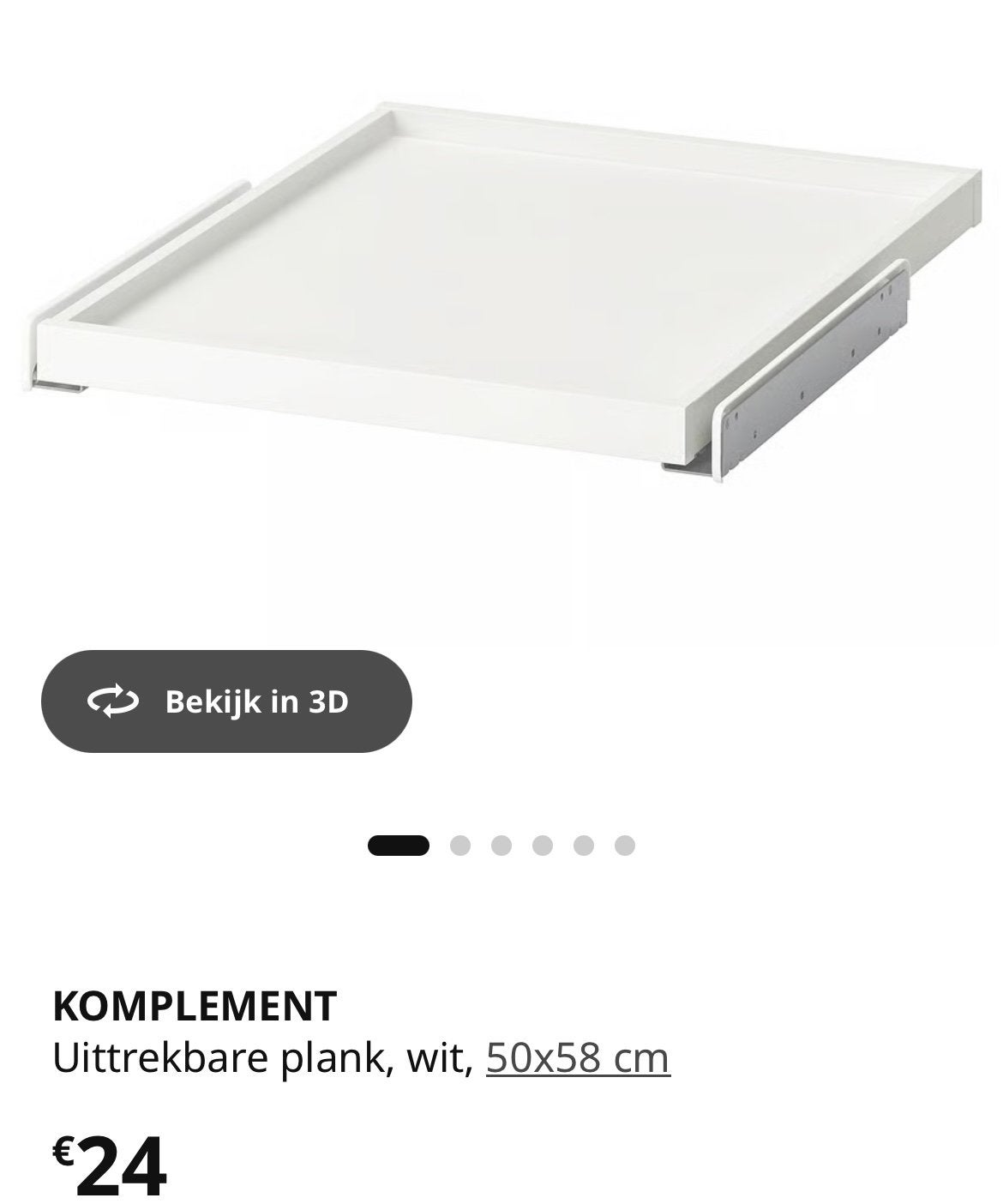 Ikea KOMPLENT /PAX - 2x Uittrekbare plank wit 50x58cm + rail, Huis en Inrichting, Ophalen, 50 tot 100 cm, Zo goed als nieuw, Minder dan 100 cm