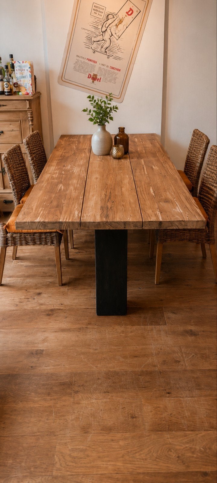 Unieke design tafel – massief teak & eiken poot – 200x100, Enlèvement