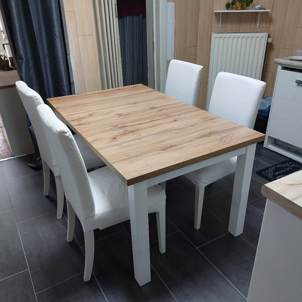 Eetkamertafel met 4 stoelen, Ophalen, 100 tot 150 cm, Eikenhout, 50 tot 100 cm