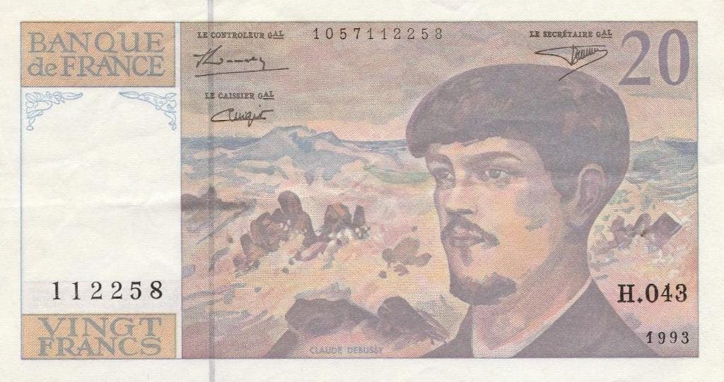 20 francs français 1993 Claude Debussy, Enlèvement, France, Billets en vrac