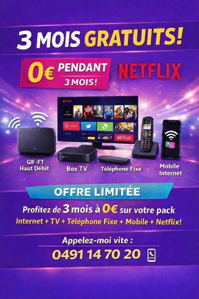 internet + tv + telephone + netflix : 0€, Ophalen