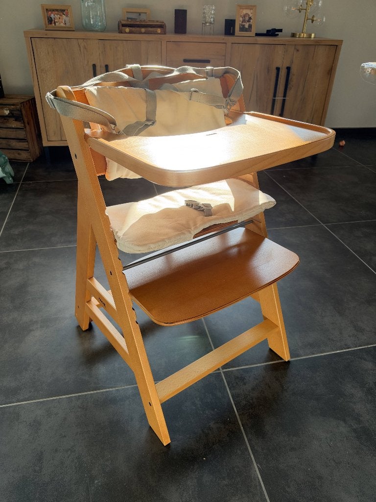 Chaise haute en bois avec tablette, coussins et harnais, Enlèvement, Comme neuf, Chaise évolutive, Coulissant