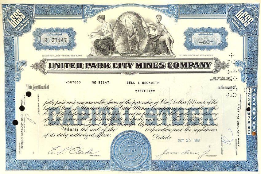 United Park City Mines Company 1968, Postzegels en Munten, Aandelen en Waardepapieren, Ophalen of Verzenden, 1950 tot 1970, Certificaat van aandeel