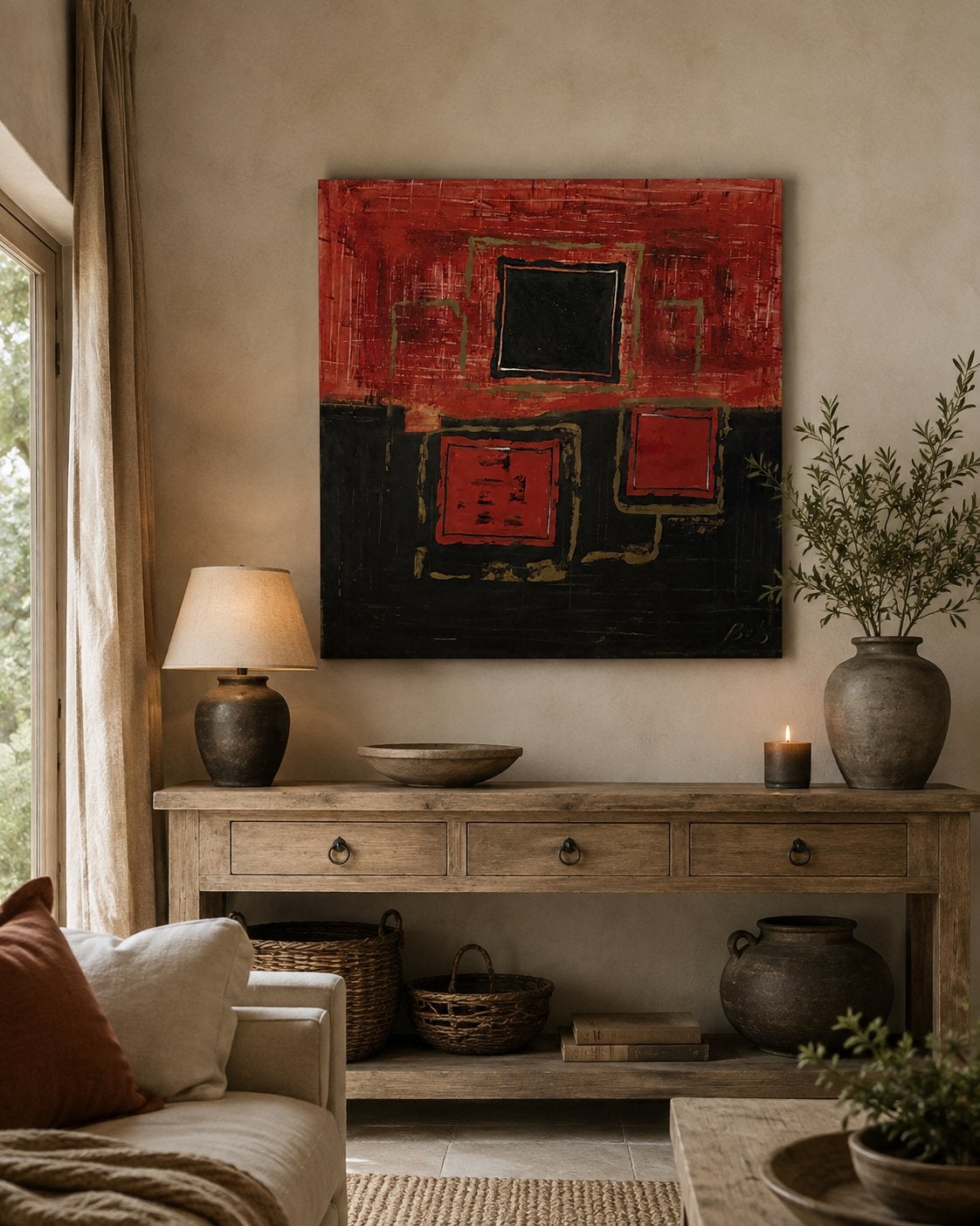 Groot abstract schilderij rood/zwart uniek werk, Antiek en Kunst, Ophalen