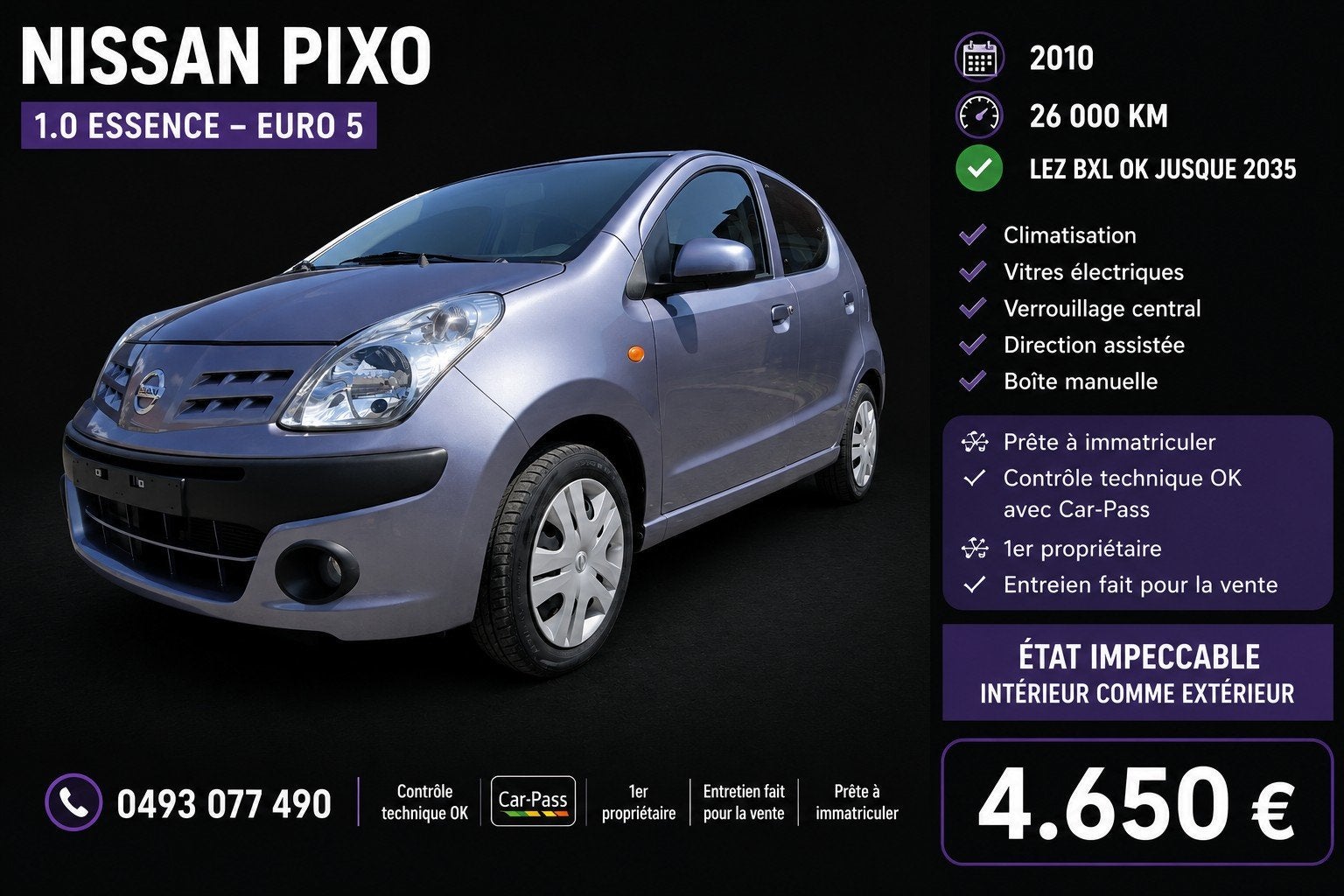 Nissan pixo prête a immatriculer 26.000km garantie, Euro 5, Achat, Boîte manuelle, Climatisation automatique