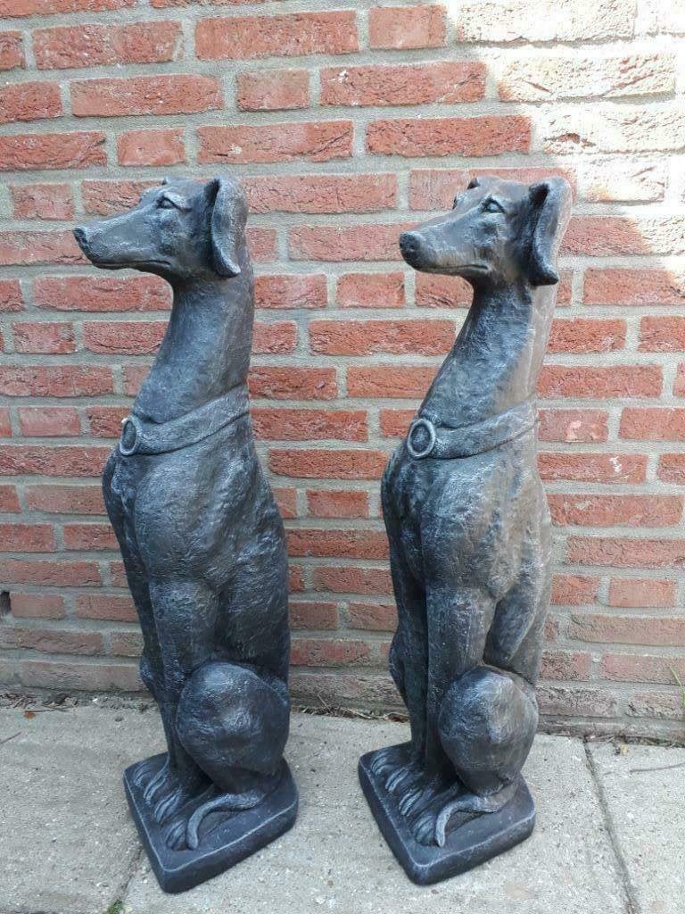 2 zwarte statige windhonden greyhound tuin beelden honden, Ophalen, Beton