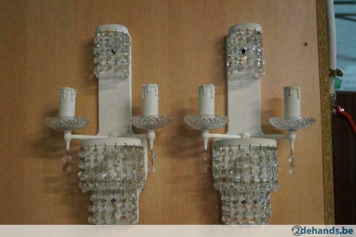 Set oude landelijke muurlampen met glas kristallen, Antiek en Kunst, Antiek | Verlichting