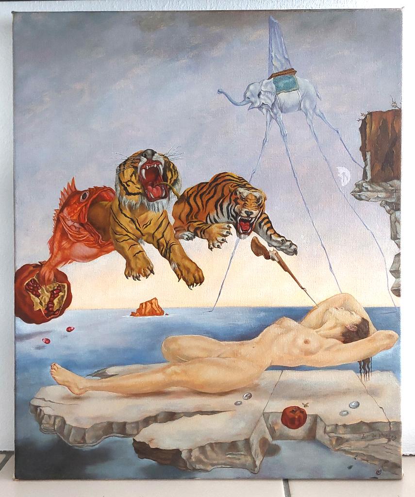Salvador Dalí-Dream Caused by the Flight (kopie in olieverf), Ophalen of Verzenden