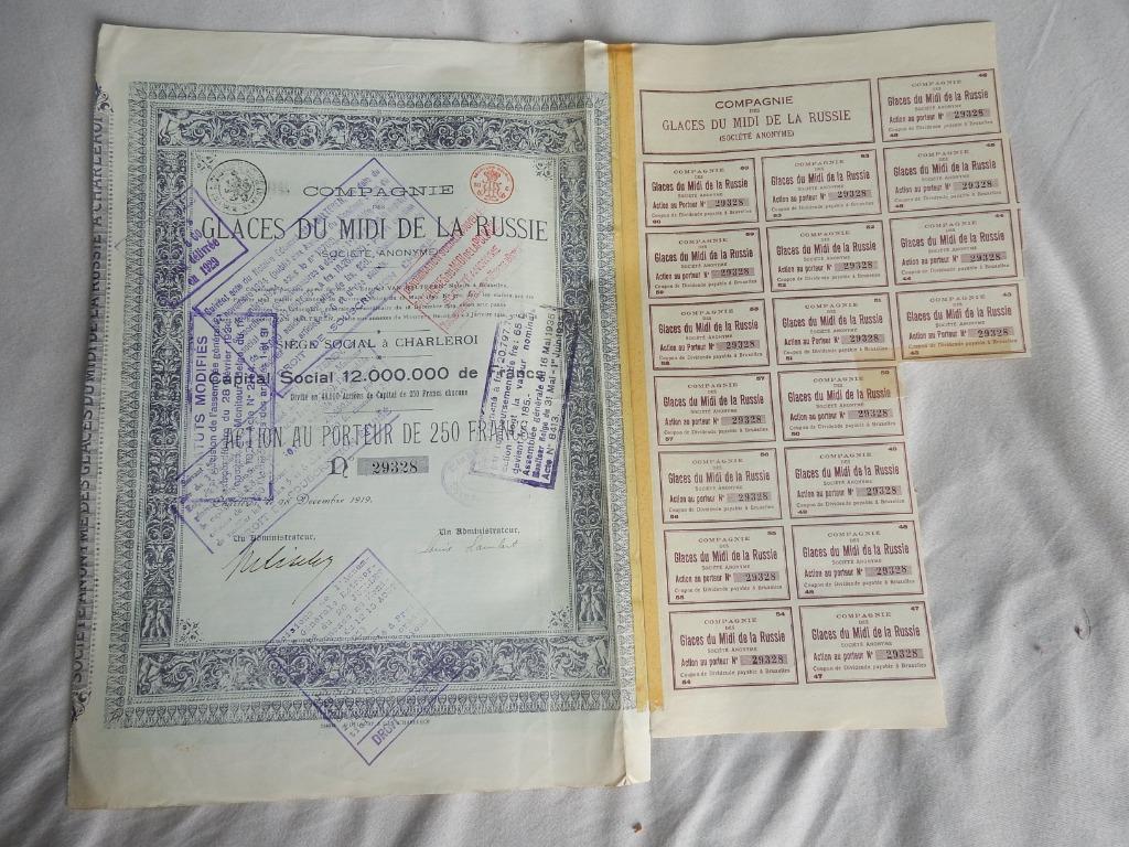Aandelen Compagnie des Glaces du Midi de la Russie 1919-1924, Verzamelen, Ophalen of Verzenden, Gebruikt