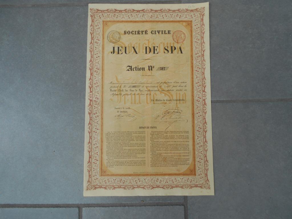ancienne action titre  Jeux de Spa 1859, Ophalen of Verzenden