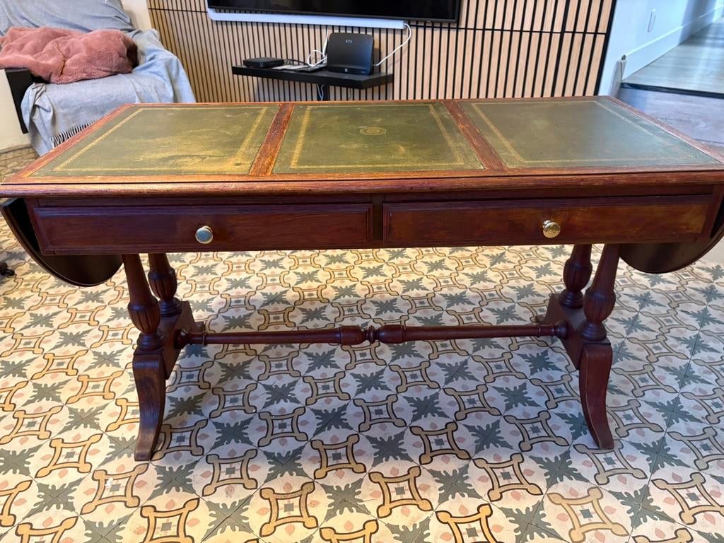 Table basse anglaise vintage cuir vert doré et acajou massif, 100 à 150 cm, Anglais, Enlèvement, Utilisé