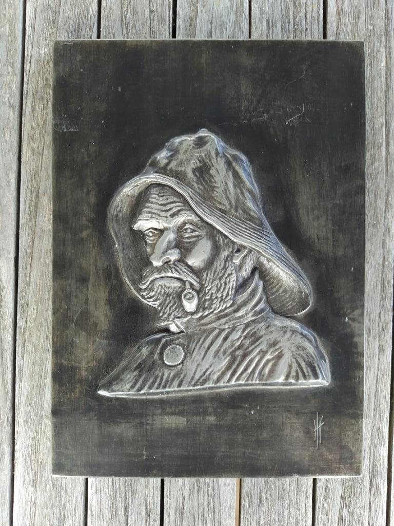 Cadre bois patiné - marin en étain- 28 x 20 cm, Enlèvement ou Envoi