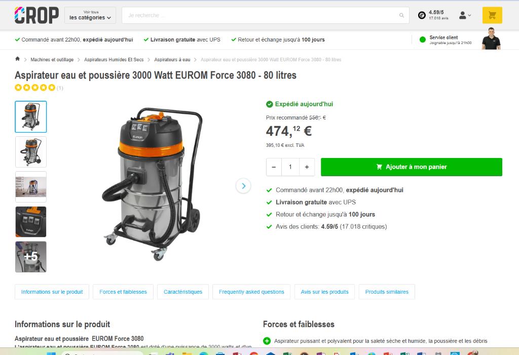 Aspirateur eau et poussière 3000 Watt EUROM Force 3080 - 80, Enlèvement, Utilisé