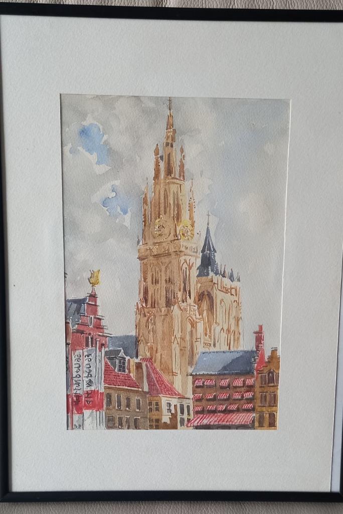 Antwerpen kathedraal originele Aquarel, Antiek en Kunst, Ophalen of Verzenden
