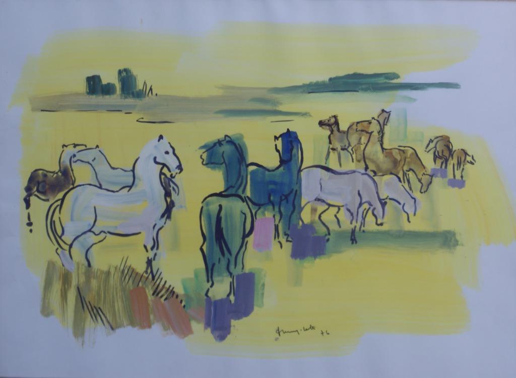 François Mengelatte (1920-2009): Paarden in geel (98x71cm), Ophalen