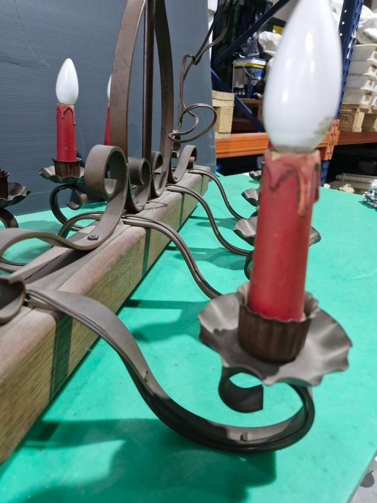 2 lustres rustiques en bois de chêne et fer forgé 8 lampes, Antiquités & Art, Enlèvement