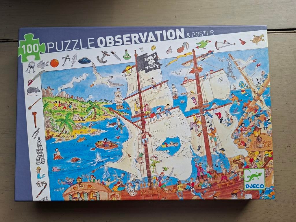 Djeco puzzel piraten  met poster 100 stuks, Hobby en Vrije tijd, Ophalen of Verzenden, Zo goed als nieuw