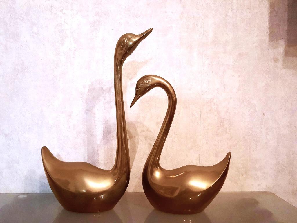 Prachtige oude koperen beelden van een koppel zwanen, Antiek en Kunst, Ophalen, Koper