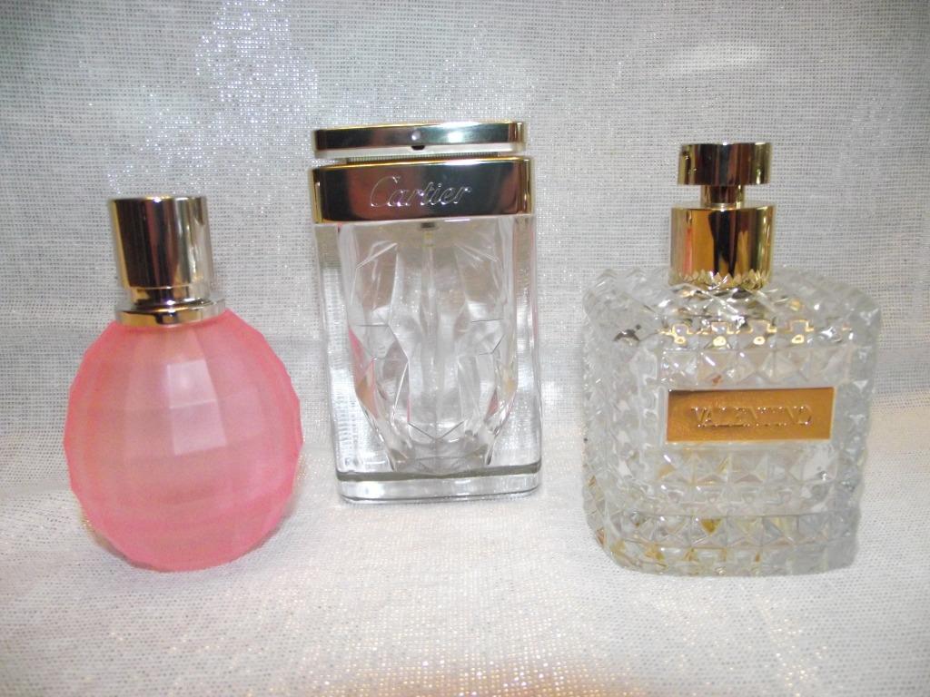 bewerkte glazen flessen!! , leeg, Cartier, Valentino,, Ophalen of Verzenden, Gebruikt, Parfumfles
