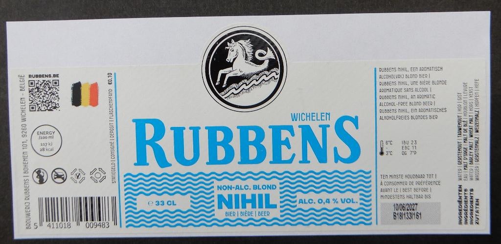 Bieretiket Rubbens nihil Brouwerij Rubbens (12g3), Verzamelen, Ophalen of Verzenden, Gebruikt