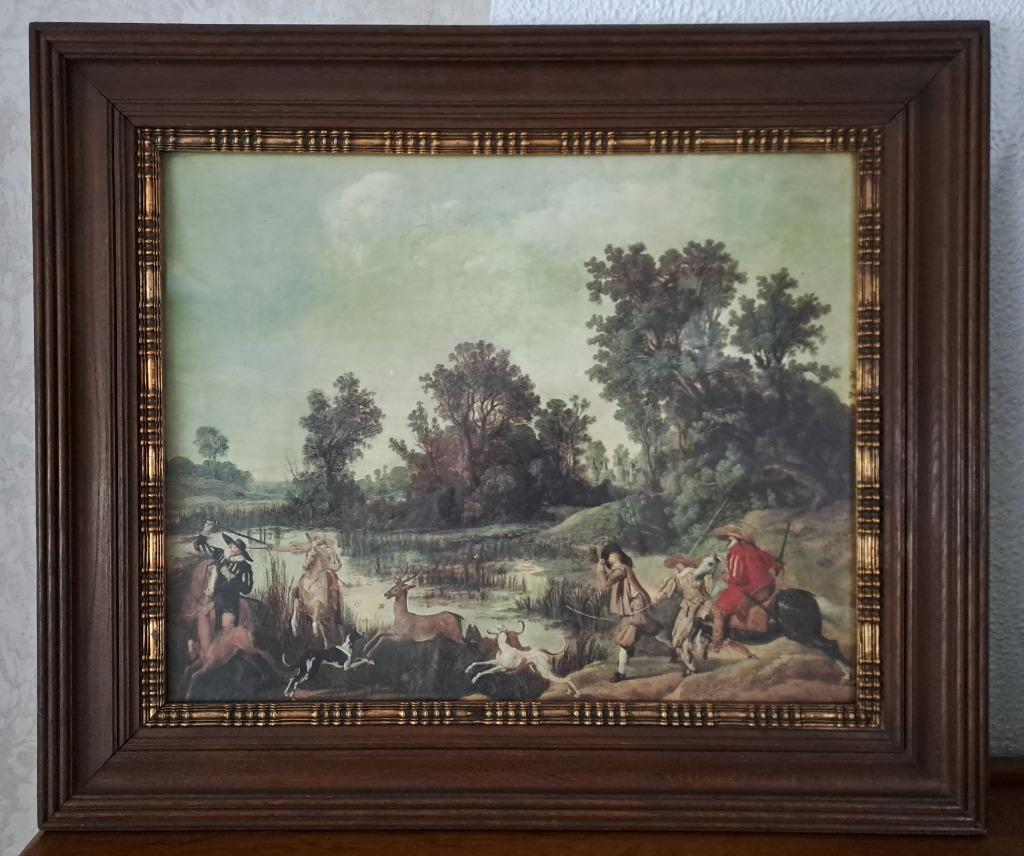 Paysage de dunes avec chasse au cerf par Gerrit Claesz. Grad, Maison & Meubles, Enlèvement, Utilisé, 50 à 75 cm, Imprimé