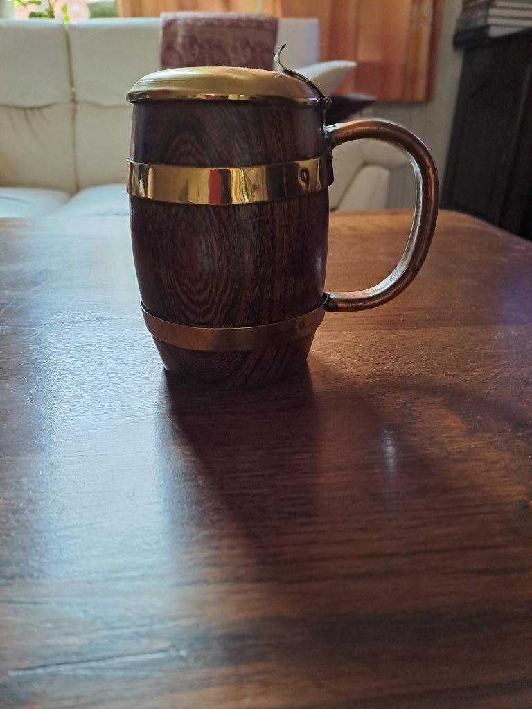 houten kroes met koperen deksel en handvat, Ophalen of Verzenden, Gebruikt