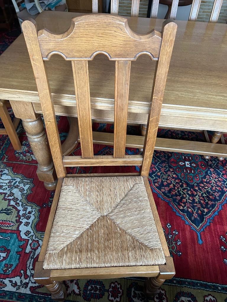 Vintage 6 massief eiken eetkamerstoelen met rieten zitting, Huis en Inrichting, Ophalen, Gebruikt, Bruin, Vintage
