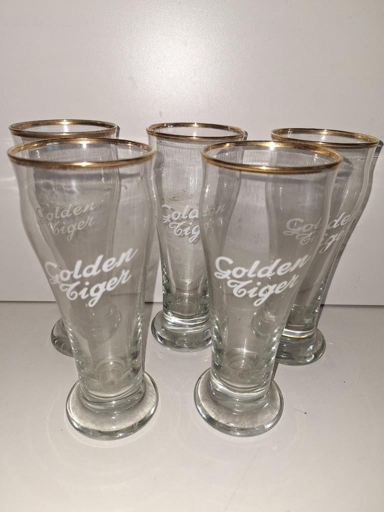 5x oude bierglazen GoldenTiger bier brouwerij Deblieck Aalst, Enlèvement ou Envoi