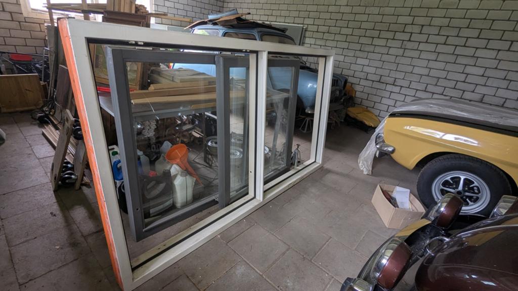 Hardhouten kozijn met twee ramen, Doe-het-zelf en Bouw, Ophalen