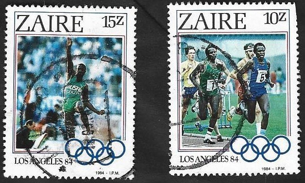 2 Postzegels Zaïre 1984 Olympische Spelen - L.A. 84, Postzegels en Munten, Ophalen of Verzenden, Overige landen, Gestempeld