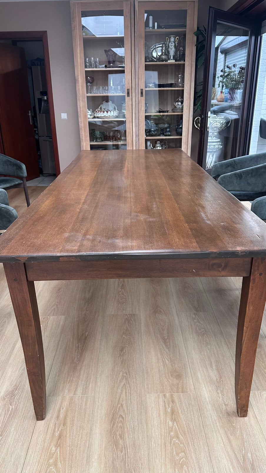Grote houten eettafel (220 x 95 cm), Huis en Inrichting, Ophalen, Gebruikt, Eikenhout, 200 cm of meer