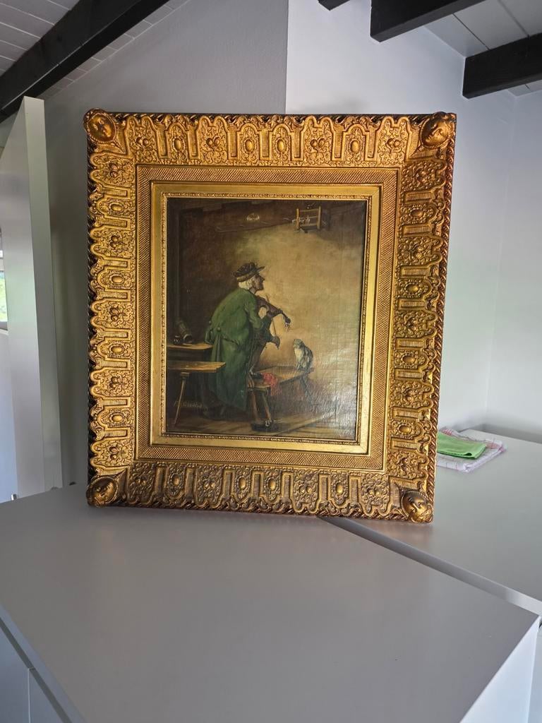 Olieverfschilderij — vioolspeler in interieur, gesigneerd F., Ophalen