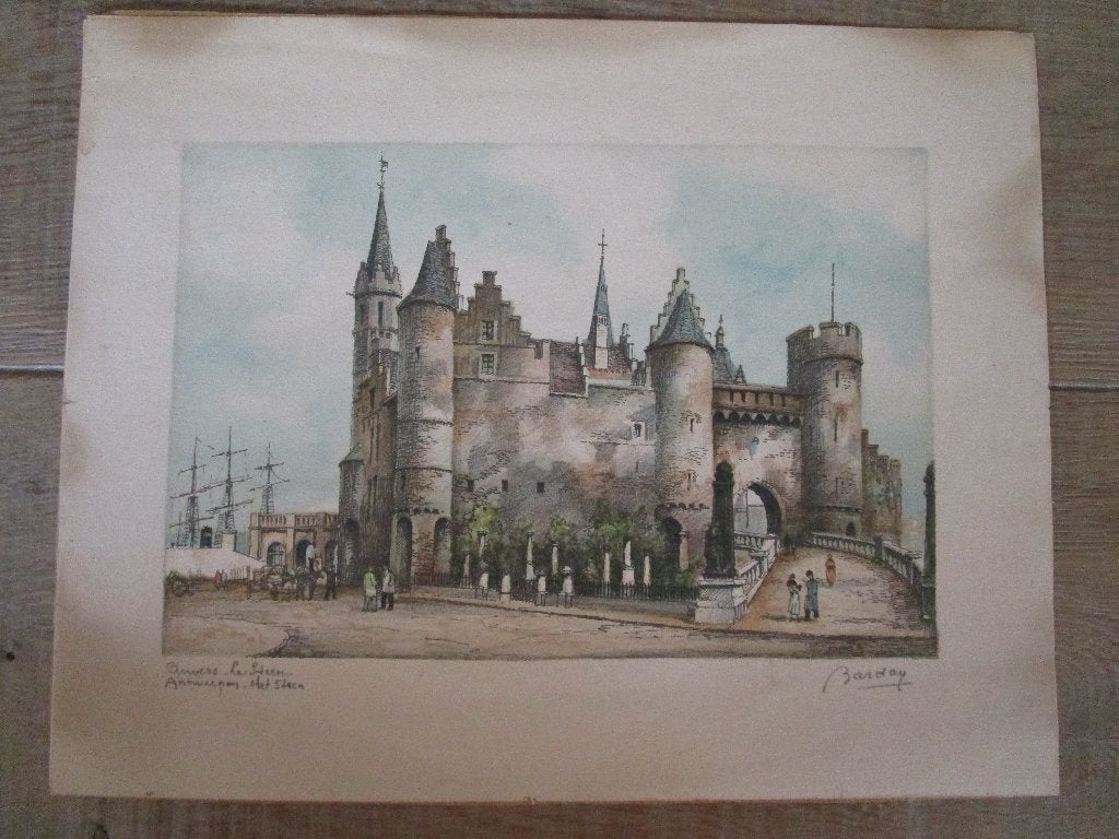 Ets " Het Steen " Antwerpen, Antiek en Kunst, Kunst | Etsen en Gravures, Ets, Stadsgezicht, Ophalen of Verzenden, Gesigneerd