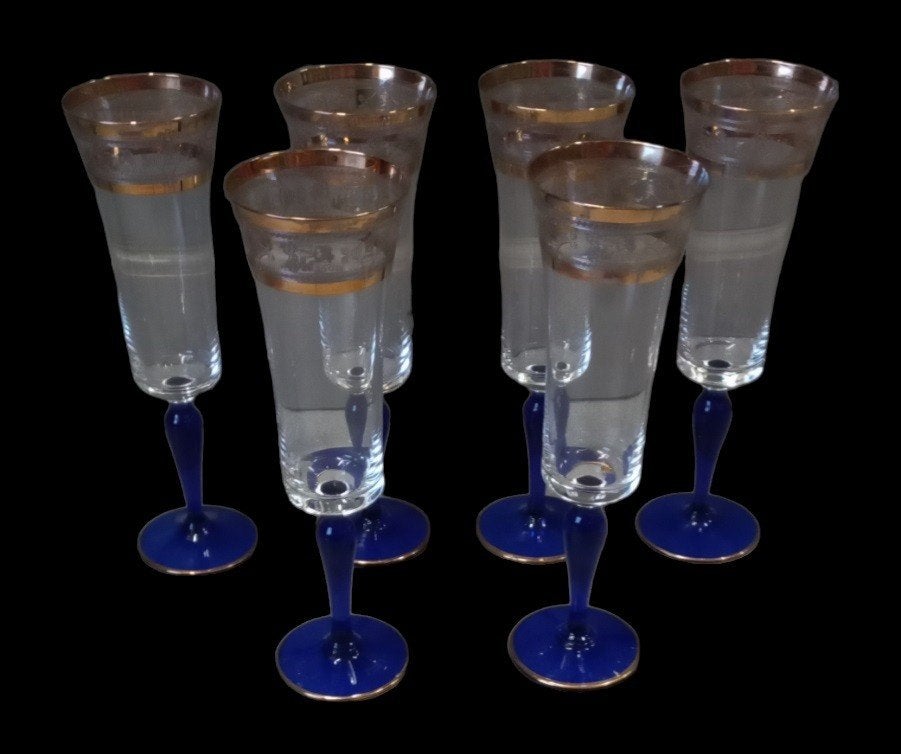 6 kobalt en gouden champagne glazen, Antiek en Kunst, Ophalen