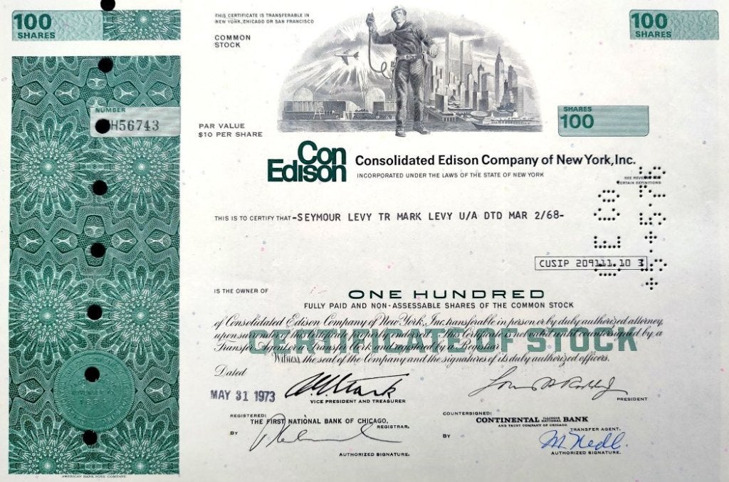 ConEd Company of NY Inc. (Prophetic Twin Towers!) 1973, Postzegels en Munten, Ophalen of Verzenden, 1970 tot heden, Certificaat van aandeel